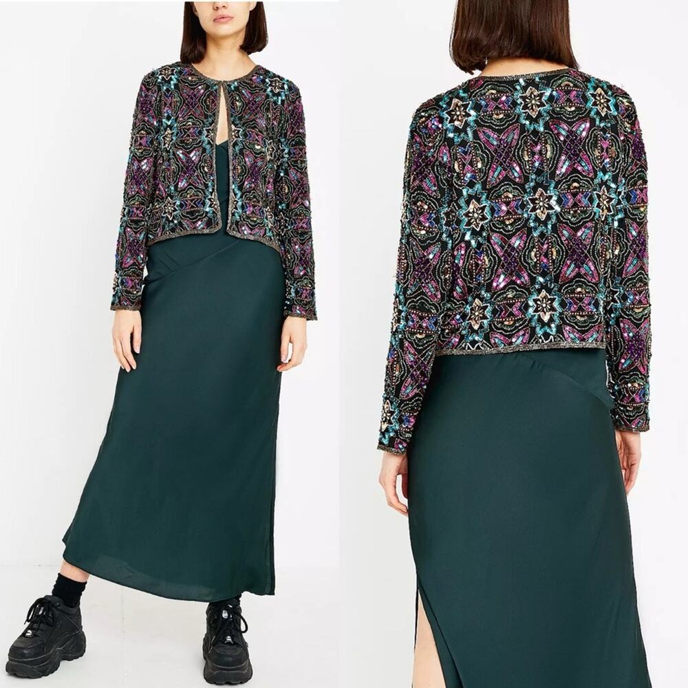 Vtg Stenay Jacket Silk sequin Embellished Sz Large boho chic gala event artsy